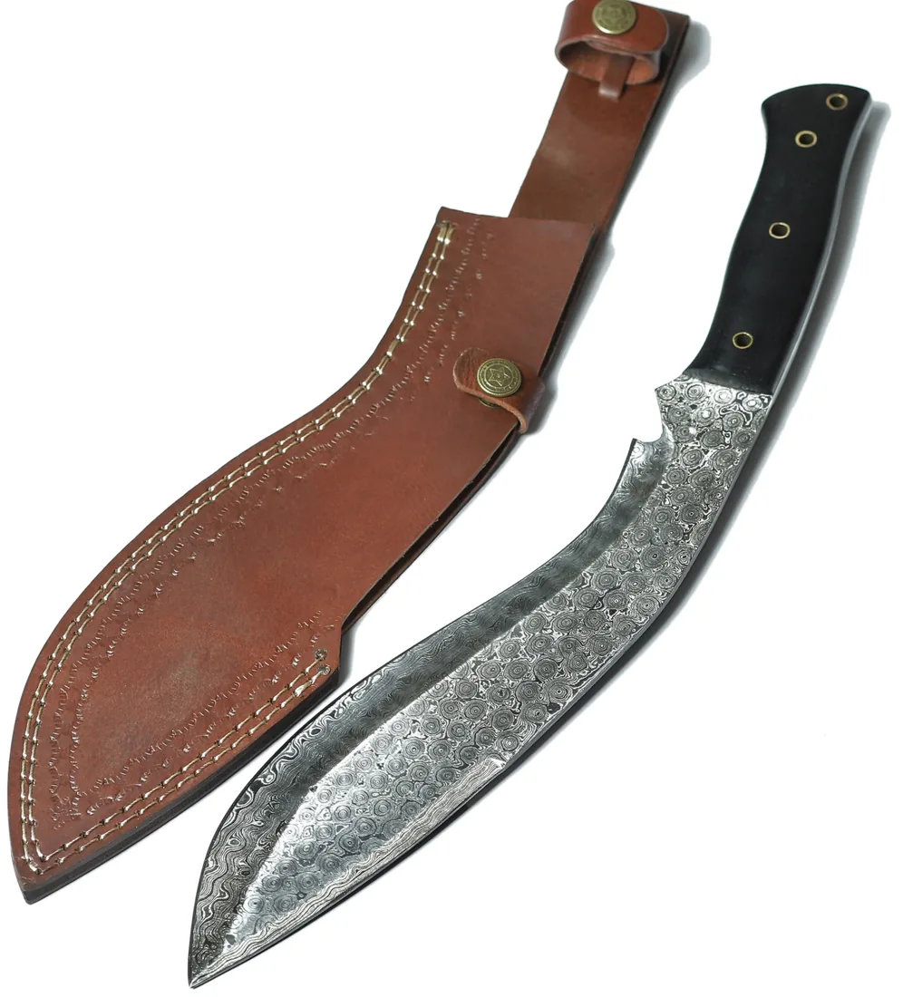 Damascus kukri knife with black handle and leather sheath