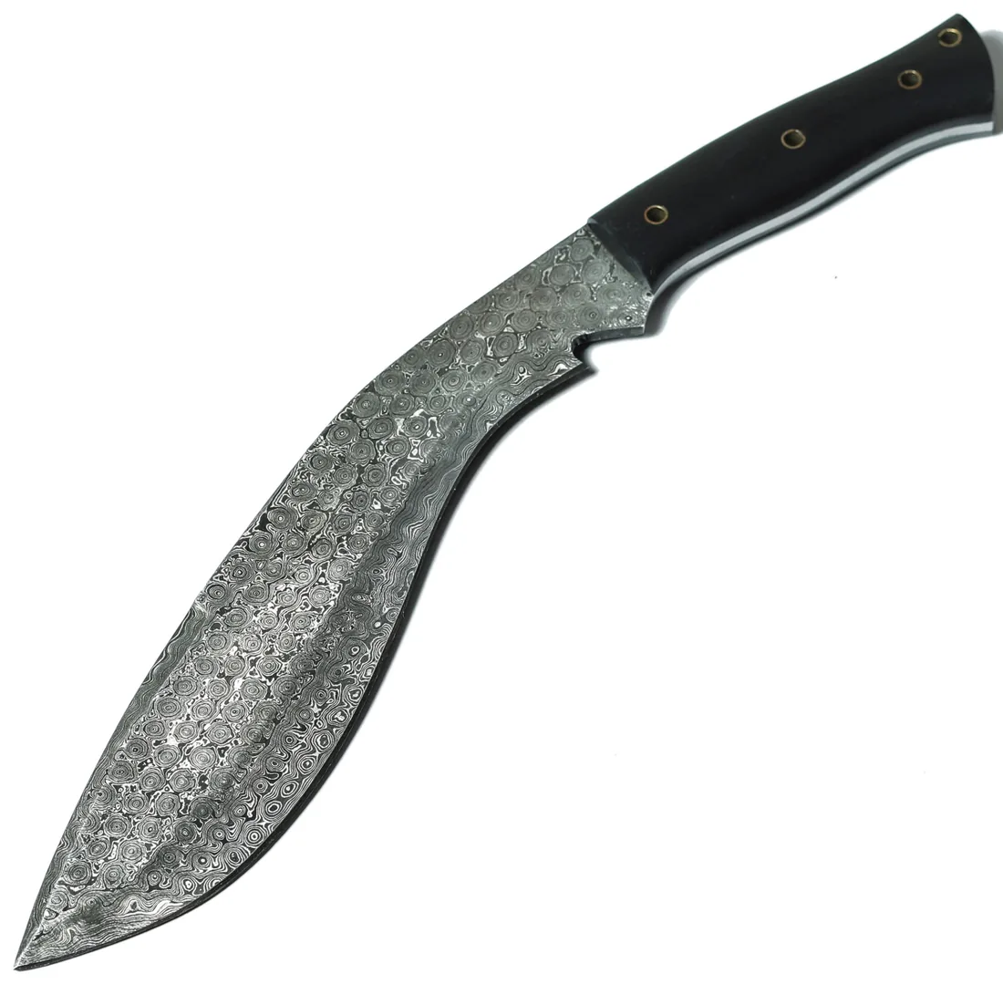 Damascus steel pattern on a handmade kukri knife blade