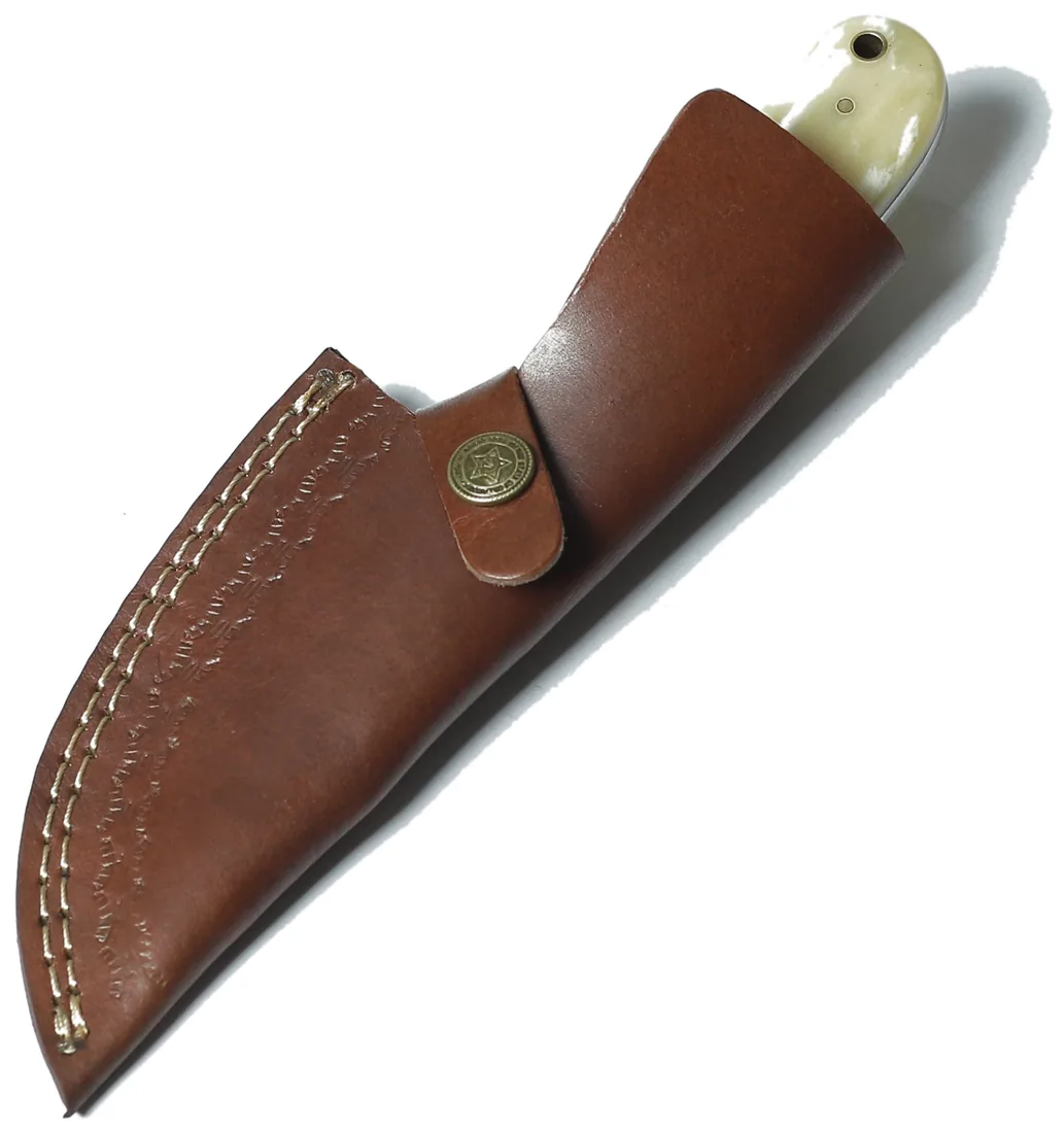 Gut-hook skinning knife with bone handle in a leather sheath