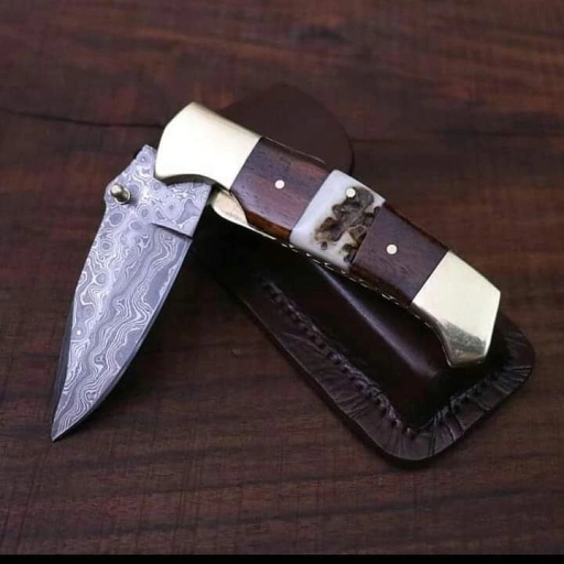 Custom Handmade Damascus Steel Folding Hunting Knife With Leather Sheath - SLL126