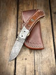 Custom Handmade Damascus Steel Folding knife with Leather Sh...