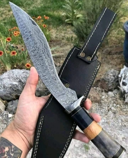 Custom Handmade Grey Damascus Steel Kukri Hunting Knife With Stag Handle & Leather Sheath - SLL143
