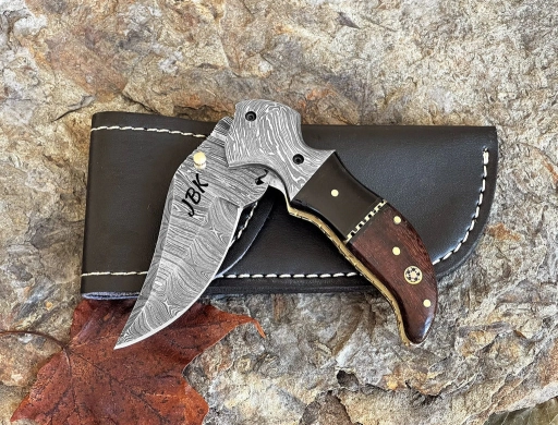 Custom-Made Damascus Steel Folding Hunting Knife with Leathe...