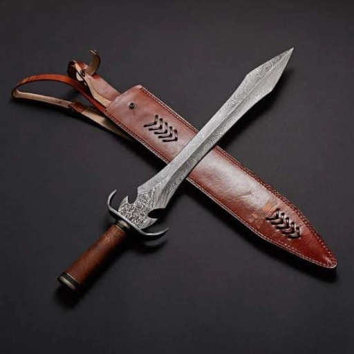 Custom-Made Damascus Steel Sword Knife With Handmade Leather Sheath - SLL138